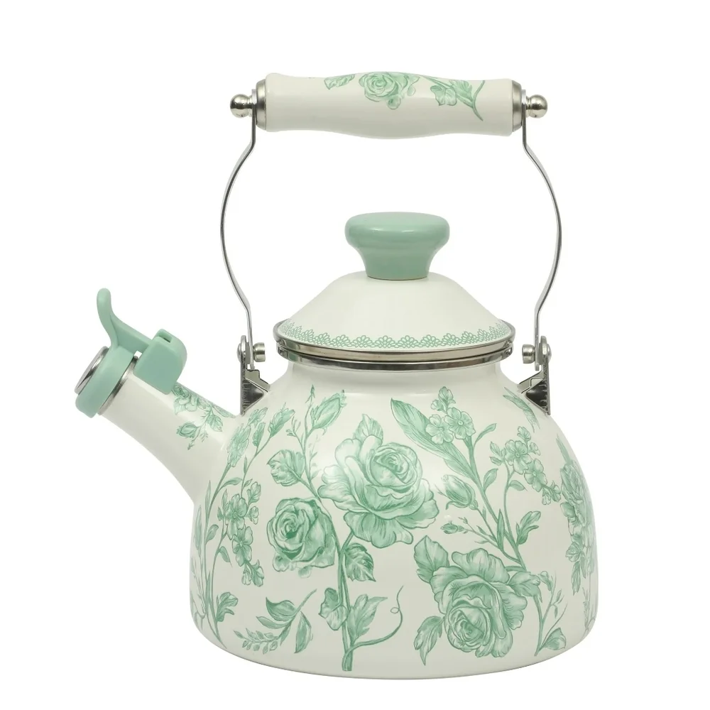 ❤️ 2025 The Pioneer Woman Agatha  Green and White Floral Whistling Tea Kettle